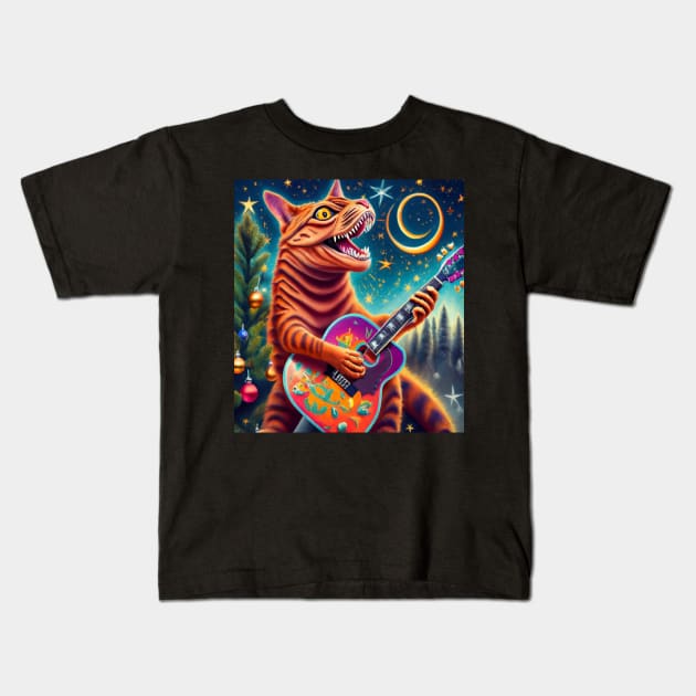 Christmas tree cat dinosaur playing guitar Kids T-Shirt by Catbrat